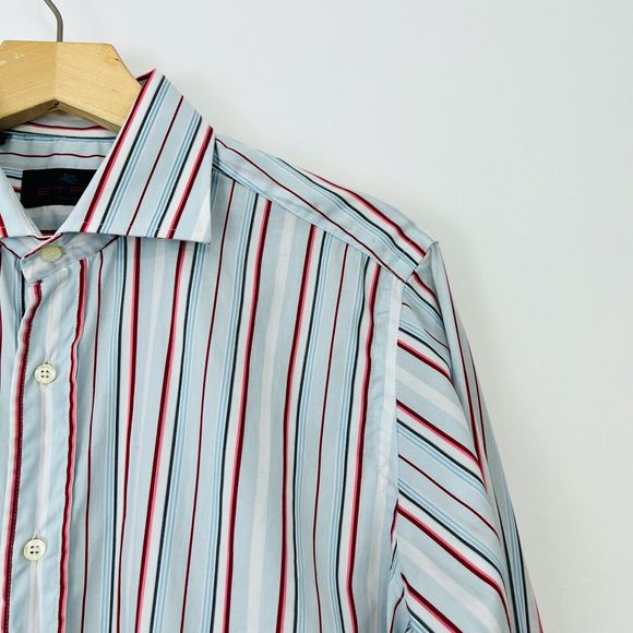 Etro Shirt M UK Blue Red Striped Cotton Tailored Long Sleeve Logo Classic - Picture 2 of 12